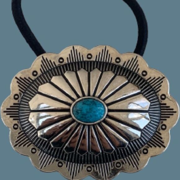 Western Cowgirl Concho Hair Tie, Silver & Faux Turquoise, Native American Style - Picture 1 of 10